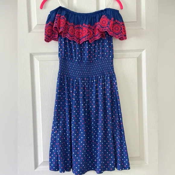 NWT Lilly Pulitzer XS Off The Shoulder Blue Pink Embroidered Kalama Mini Dress - Picture 9 of 11